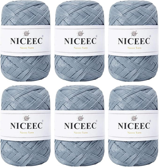 NICEEC 6 Skeins Soft Tape Yarn for Crocheting Craft Paper Yarn Easy Crochet Raffia Yarn Ribbon Yarn for DIY Craft Gift Wrapping Total Length 1.76oz×6/109yds×6-Dusty Blue