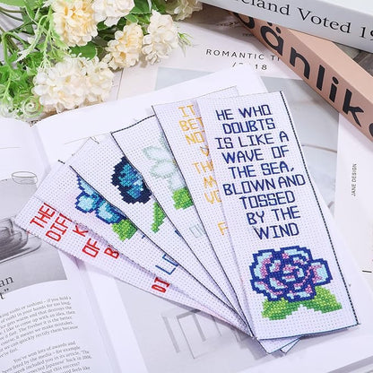 ORIGACH 6 Set Cross Stitch Bookmark Kit for Beginner Flower and Bible Verse Pattern DIY Stamped Embroidery Bookmark Kit with 19 Colors Embroidery Floss Instructions 8''x2.4''