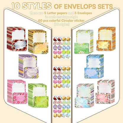 TaoBary 160 Pcs Stationery Paper Set 50 Double Sided Stationery Papers with 50 Matching Envelopes and 60 Round Dot Sticker, 10 Design(Flower,5.5 x 8.25 Inch)