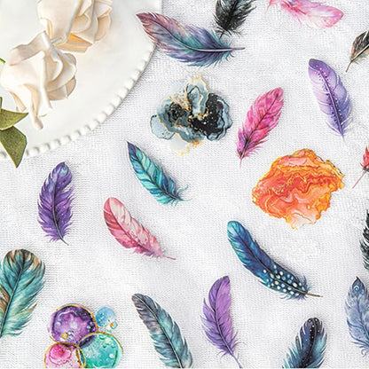 100 Pieces Vintage Fantasy Feather PET Stickers, Aesthetic Decorative Colorful Feather Stickers for Scrapbooking DIY Diary Junk Journal Handbook Album Decoration Journaling Scrapbooking Supplies
