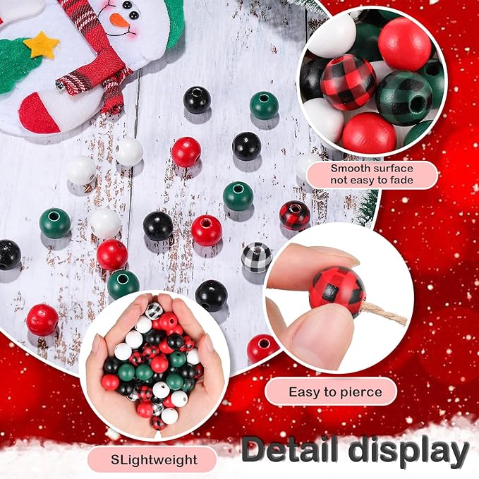200 Pieces Christmas Wooden Beads for Crafts Xmas Red Buffalo Plaid Colorful Wood Spacer Beads Rustic Farmhouse for DIY Crafts Garland Home Decor