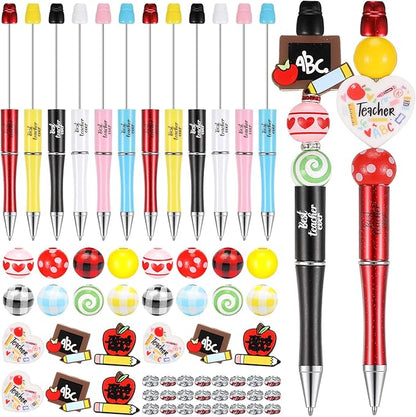 Geyee 12 Set Plastic Beadable Pens Assorted Bead Pens Crystal Wood Round Spacer Set Black Ink DIY Ballpoint for Women Men Gift Office Supplies(Teacher)