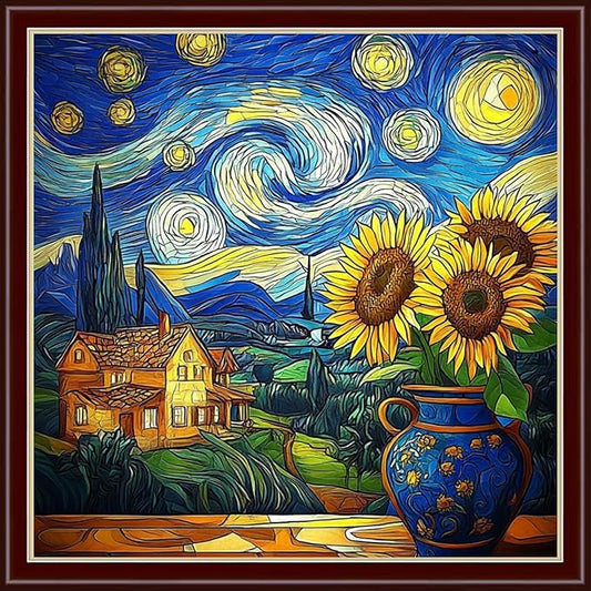 Dimensean Stamped Cross Stitch Kits Full Range of Embroidery Patterns Starter Kits for Beginners Adult DIY Cross Stitches Needlepoint Kits 11CT- Van Gogh Starry Sky Sunflower 18x18 inch