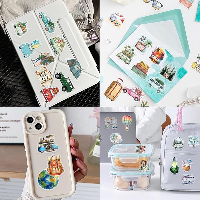 50PCS Vintage Watercolor Travel Stickers – Retro Vacation Clear Aesthetic Outdoor Adventure Stickers for Scrapbooking, Journaling, Luggage, Travel Decor