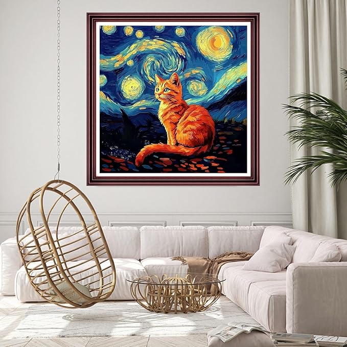 DMCCRAFT Stamped Cross Stitch Kits for Adults 11CT Printed Cross-Stitch Patterns Embroidery Kits Easy Cross Stitching Needlepoint Kits Crossstitch-Van Gogh Starry Sky Golden Cat 18x18 inch
