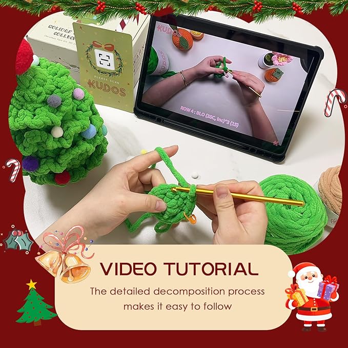 KUDOS Christmas Tree Crochet Kit - Holiday Crochet Set with Christmas Beads and Decorations for Beginners, Crochet Kit with All Accessories & Tutorial, Christmas Crochet for Family