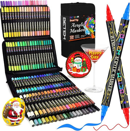 Betem Paint Markers Acrylic Paint Pens, Dual Tip 120 Colors Acrylic Markers with Brush Tip and Fine Point, Art Supplies for Wood, Canvas, Glass, Rock Painting Kit DIY Crafts Drawing Kit with Bag