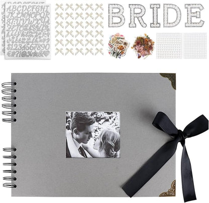 Scrapbook, 8x12 inch Wedding Scrapbook, Black DTY Guest Scrapbook Album with Pearl Stickers, Meta1 Letters and Bows, Blank Scrapbook