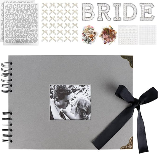 Scrapbook, 8x12 inch Wedding Scrapbook, Black DTY Guest Scrapbook Album with Pearl Stickers, Meta1 Letters and Bows, Blank Scrapbook