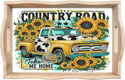 DoxQcs DIY Diamond Art Wooden Tray Kit Easter Food Tray with Handle Diamond Painted Table Decoration Tray for Breakfast Bar Dinner Table Diamond Art Painting for Beginners-#02-Sunflower Car