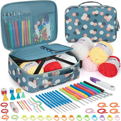 GMAK Crochet Kit for Beginners Adults, 59 PCS Crochet Sets Include Yarn, Crochet Hooks and Tools, Portable Crocheting Starter Kits for Making Variety Projects Craft Supplies, Blue Flower