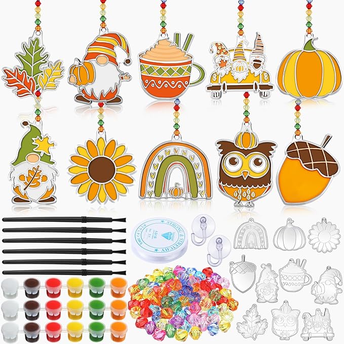 WinnerWhy 30 Sets Thanksgiving Day Fall Suncatchers Window Art Kits, Autumn Leaf Pumpkin Acorn DIY Sun Catchers Crafts Bulk Window Paint Art Ornaments for Classroom Home Party Activity (Autumn Style)