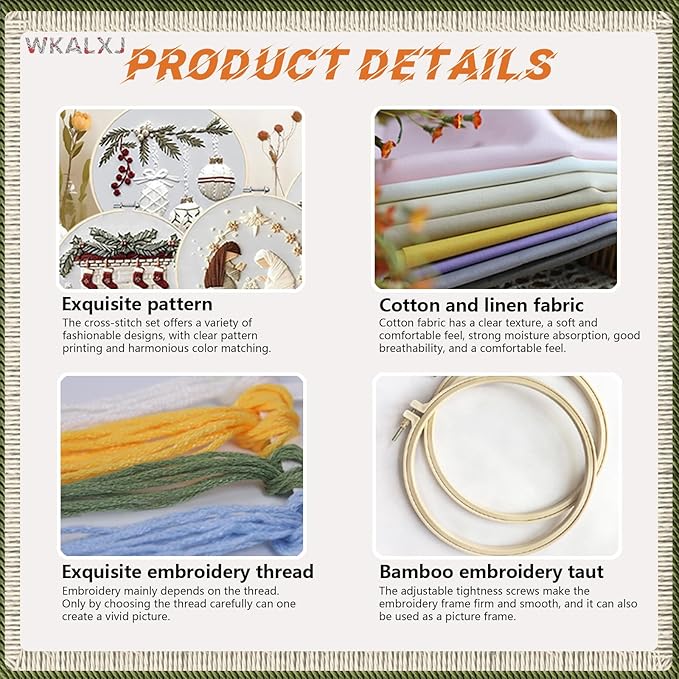 WKALXJ 4 Sets Christmas Embroidery Kits for Adults, Embroidery Kit for Beginners, Cross Stitch Kits for Beginners with Pattern, Needles, Threads, Tools (Holly+Fireplace+Stocking+Nativity Manger)