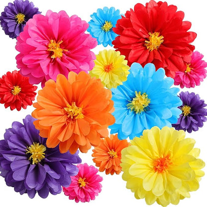 12 Pcs 10" 20" Giant Mexican Fiesta Paper Flowers Colorful Tissue Crepe Flowers Pom Poms Craft for Floral Party Backdrop Wedding Birthday Party (Classic Color)