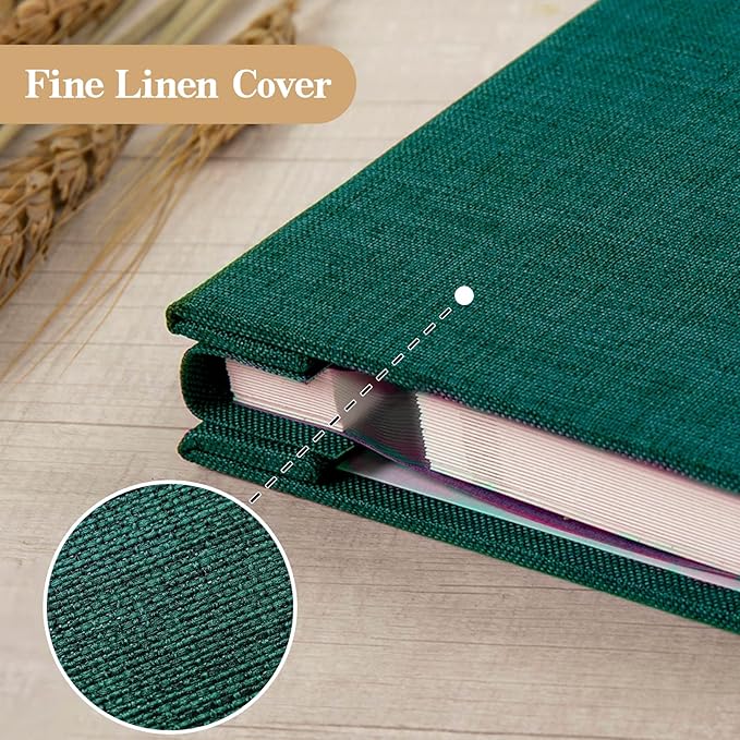 potricher Large Photo Album Self Adhesive 4x6 5x7 8x10 Pictures Linen Cover 40 Blank Pages Magnetic DIY Scrapbook Albums with A Metallic Pen (Dark Green)