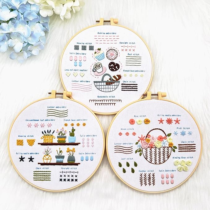 Embroidery Kit for Adult Beginners, 3-Pack Practice Samplers, Pre-Stamped Patterns, 7.8-Inch Hoop, Threads & Needles, Step Guide and Video, DIY Needlework Craft Gift for Women (Grass Needlework)