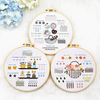 Embroidery Kit for Adult Beginners, 3-Pack Practice Samplers, Pre-Stamped Patterns, 7.8-Inch Hoop, Threads & Needles, Step Guide and Video, DIY Needlework Craft Gift for Women (Grass Needlework)