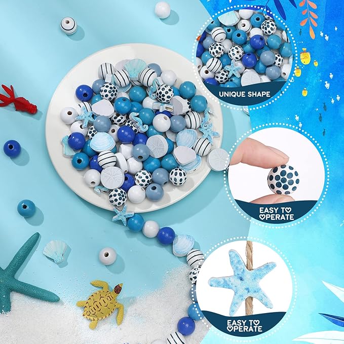 200 Pcs Ocean Theme Wood Beads for Crafts Colored Wooden Beads with Holes Blue Nautical Starfish Conch Seashell Round Spacer Crafts Kits Polished for DIY Art Summer Beach Party Decor