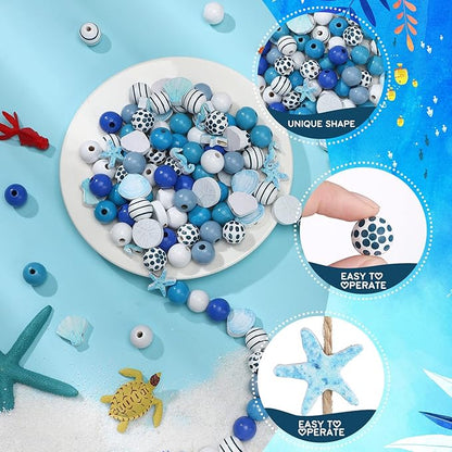 200 Pcs Ocean Theme Wood Beads for Crafts Colored Wooden Beads with Holes Blue Nautical Starfish Conch Seashell Round Spacer Crafts Kits Polished for DIY Art Summer Beach Party Decor