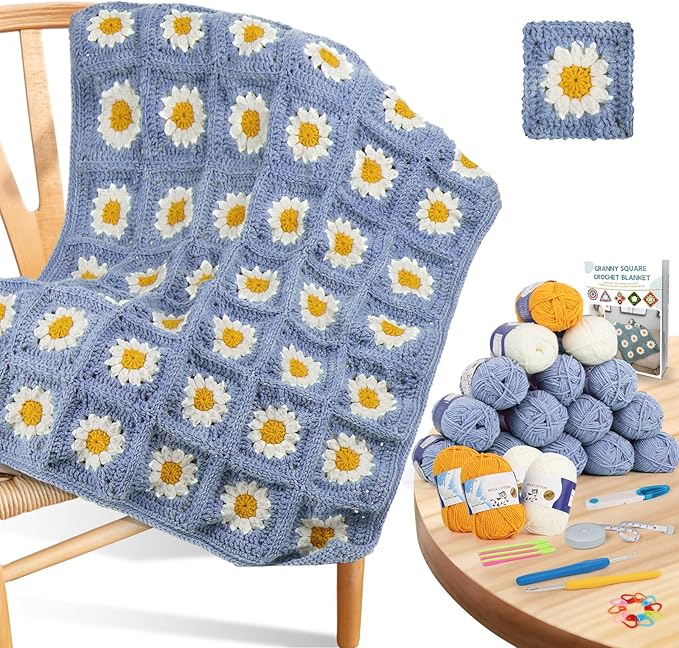 Coopay Crochet Starter Kit - Beginner's Blanket & Granny Squares Pattern, Includes Yarn & Instructions - Easy to Learn for Adults (Blue-Purple)