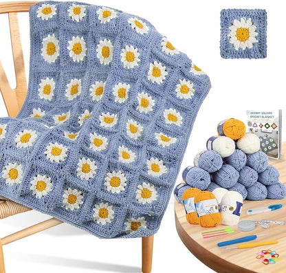 Coopay Crochet Starter Kit - Beginner's Blanket & Granny Squares Pattern, Includes Yarn & Instructions - Easy to Learn for Adults (Blue-Purple)
