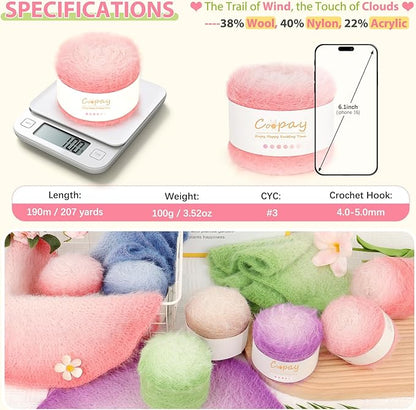 Coopay Ombre Yarn for Crocheting and Knitting - 4 Pack Dual Gradient Yarn Cake with Plush of 100g/3.52oz - 190m/207yds - 38% Wool, 40% Nylon, 22% Acrylic for Sweaters, Hats, Scarves (Pink Cherry)