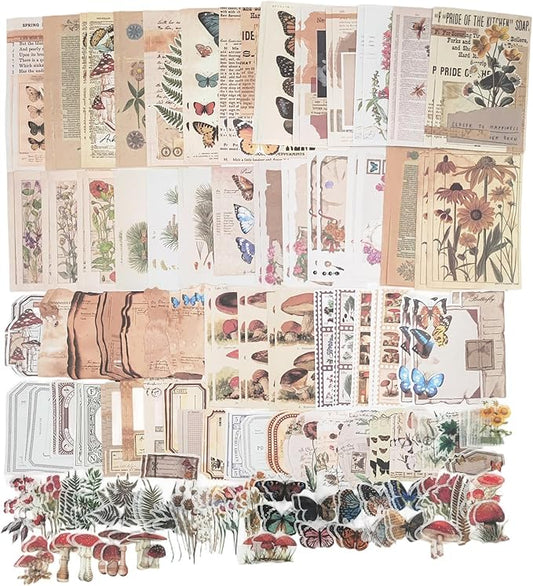 Esweny 200PCS Vintage Scrapbooking Supplies Kit for Journaling, Scrapbook Sticker Paper Pack for Junk Journal Planners Aesthetic Cottagecore Room Decor Wall Art Collage Album (Nature)