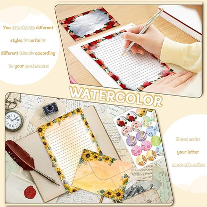 TaoBary 160 Pcs Stationery Paper Set 50 Double Sided Stationery Papers with 50 Matching Envelopes and 60 Round Dot Sticker, 10 Design(Flower,5.5 x 8.25 Inch)