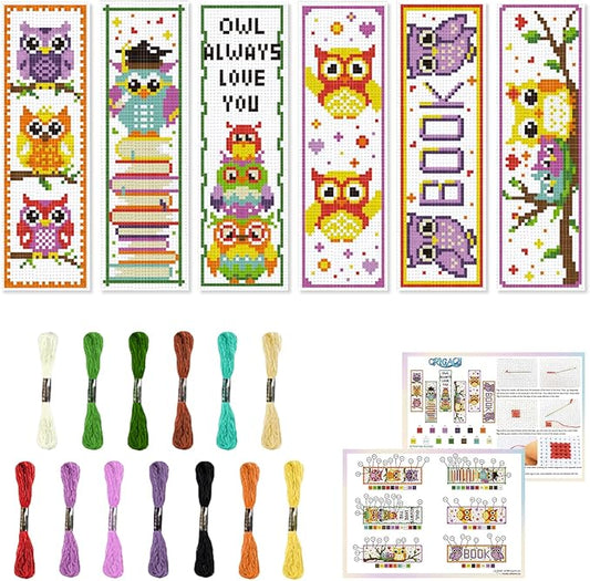 ORIGACH 6 Set Cross Stitch Bookmark Kit for Beginner Owl Pattern DIY Stamped Embroidery Bookmark Kit with 13 Colors Embroidery Floss Instructions