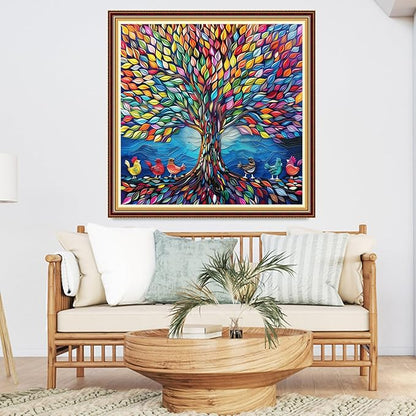 DMCVIVR Stamped Cross Stitch Kits for Adults Beginners Embroidery Kits 11CT Needlepoint Kits Cross Stitch Patterns Embroidery Patterns-Rainbow Tree Chicks 18x18 inch