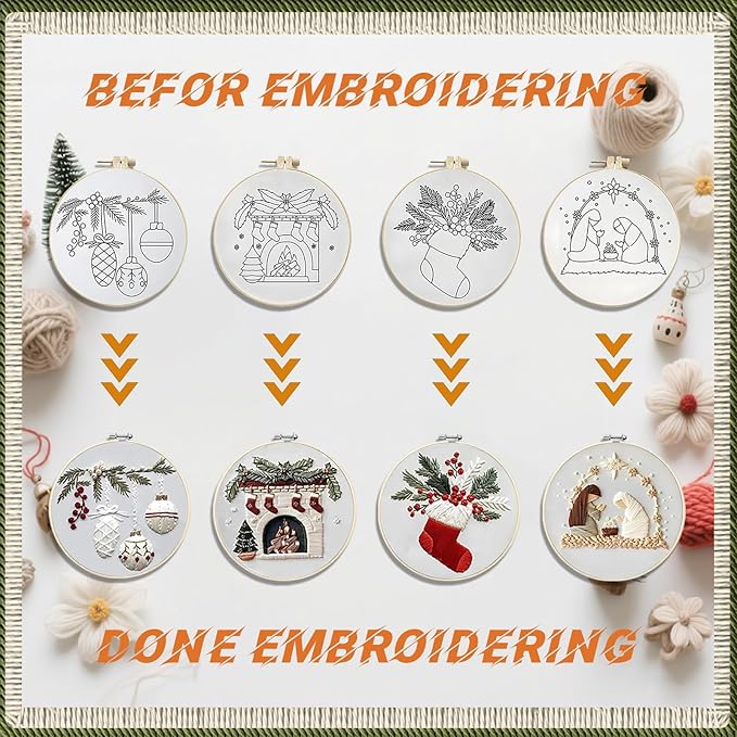 WKALXJ 4 Sets Christmas Embroidery Kits for Adults, Embroidery Kit for Beginners, Cross Stitch Kits for Beginners with Pattern, Needles, Threads, Tools (Holly+Fireplace+Stocking+Nativity Manger)