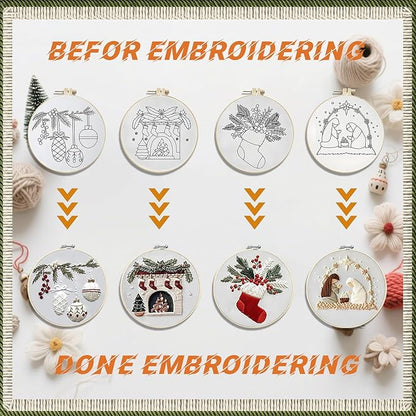 WKALXJ 4 Sets Christmas Embroidery Kits for Adults, Embroidery Kit for Beginners, Cross Stitch Kits for Beginners with Pattern, Needles, Threads, Tools (Holly+Fireplace+Stocking+Nativity Manger)