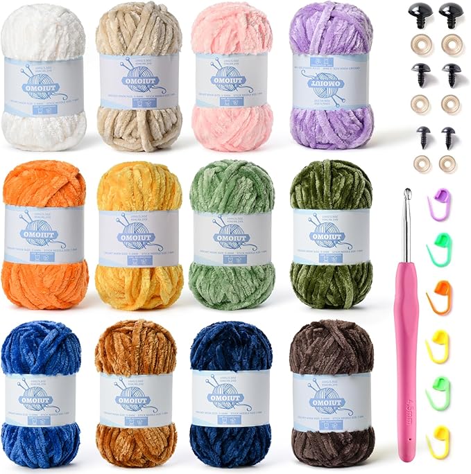12 Pack 590 yds Chunky Chenille Yarn for Crocheting and Hand Knitting with Black Red White Green Orange Blue Plush Velvet Yarn，Baby Blanket Yarn for Crocheting Soft Amigurumi Yarn E