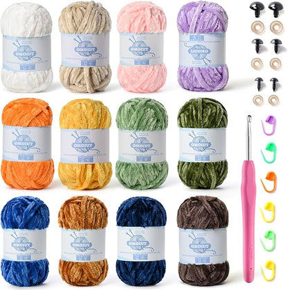 12 Pack 590 yds Chunky Chenille Yarn for Crocheting and Hand Knitting with Black Red White Green Orange Blue Plush Velvet Yarn，Baby Blanket Yarn for Crocheting Soft Amigurumi Yarn E