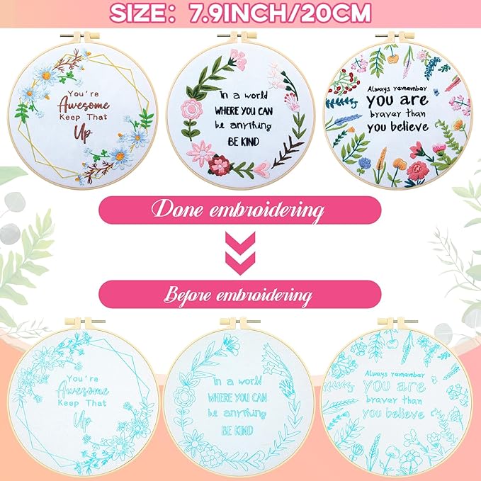 Crowye 5 Sets Inspired Quote Embroidery Kit for Beginner Adult Motivational Embroidery Starter Set Floral Cross Stamped Needlepoint Kit Hoops Thread Needles for Adults Craft Lover