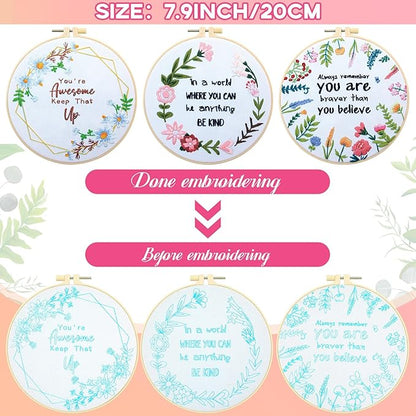 Crowye 5 Sets Inspired Quote Embroidery Kit for Beginner Adult Motivational Embroidery Starter Set Floral Cross Stamped Needlepoint Kit Hoops Thread Needles for Adults Craft Lover