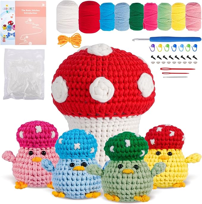Crochet Kit for Beginners - Adorable Animal Crocheting Set with 4 Chicks and 1 Big Mushroom, DIY Craft with Step-by-Step Video Tutorials, Learn to Crochet Kit for Adults Kid, Ideal Christmas Gift