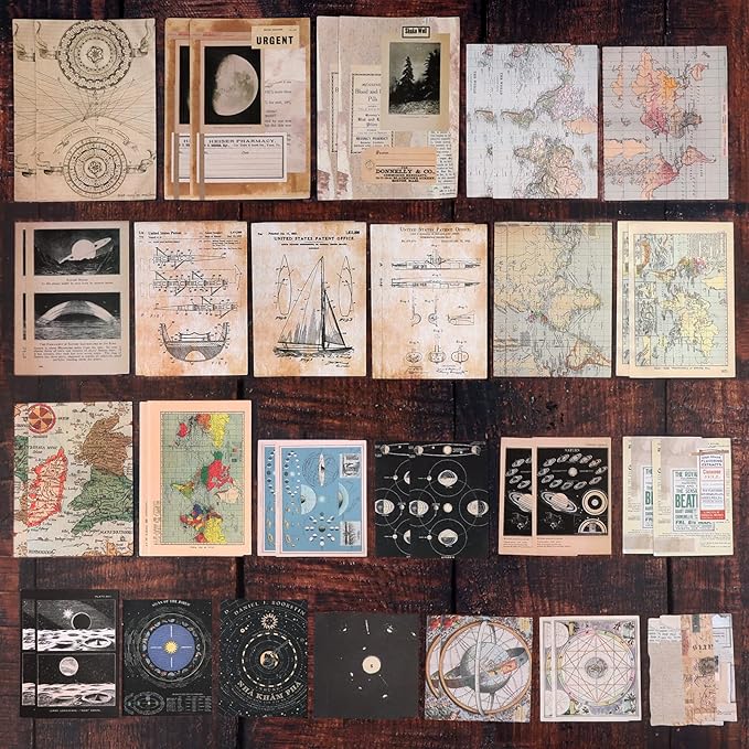 Draupnir 200pcs Vintage Junk Journal Supplies,Scrapbook Supplies Scrapbooking Paper and Stickers Ephemera for Art Aesthetic Journaling Kit Collage(Celestial)