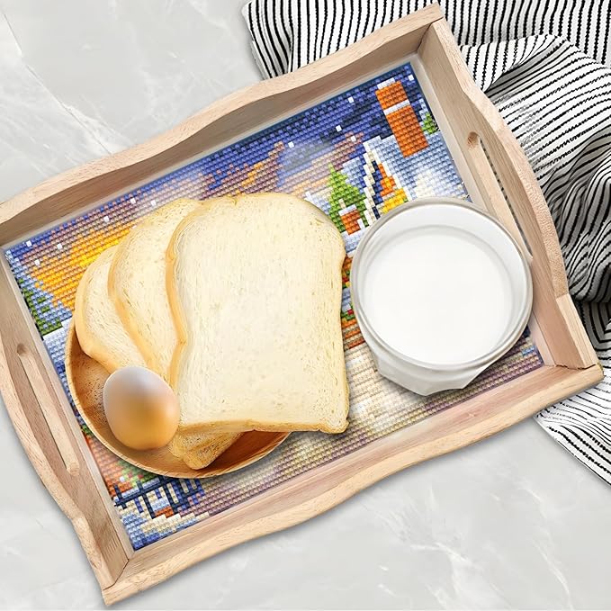 FGbaby DIY 5D Snow House Diamond Painting Wood Serving Tray with Handles Diamond Art Decorative Serving Trays Wooden Tray for Breakfast in Bed, Patio, BBQ, Coffee Table, Party –Great for Lap & Couch