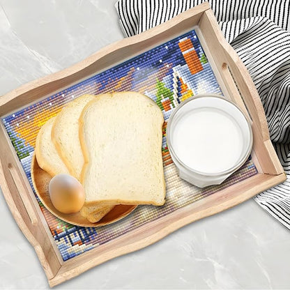 FGbaby DIY 5D Snow House Diamond Painting Wood Serving Tray with Handles Diamond Art Decorative Serving Trays Wooden Tray for Breakfast in Bed, Patio, BBQ, Coffee Table, Party –Great for Lap & Couch