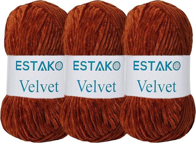 Estako Velvet (3- Skeins Pack) Chenille Blanket amigurumi Yarn for Crocheting and Knitting Super Bulky 3x100 gr (3x132 yds) (1420 - Fox)