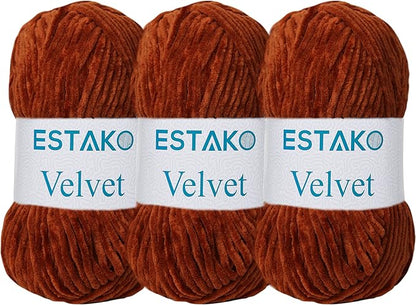 Estako Velvet (3- Skeins Pack) Chenille Blanket amigurumi Yarn for Crocheting and Knitting Super Bulky 3x100 gr (3x132 yds) (1420 - Fox)