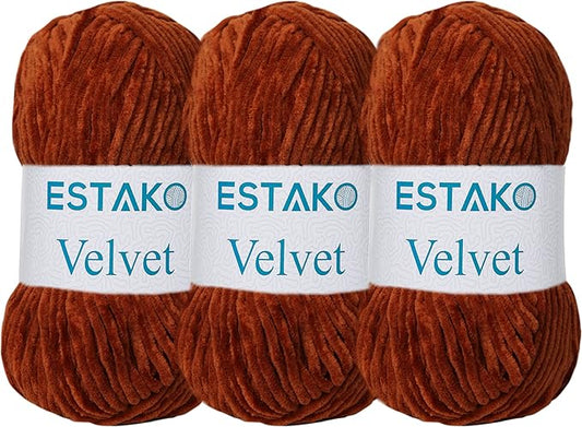 Estako Velvet (3- Skeins Pack) Chenille Blanket amigurumi Yarn for Crocheting and Knitting Super Bulky 3x100 gr (3x132 yds) (1420 - Fox)