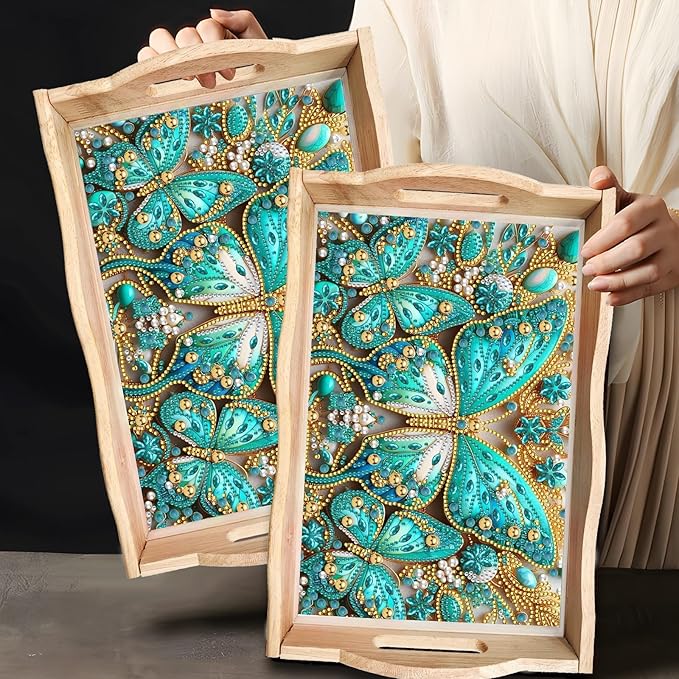 DIY Diamond Art Wooden Tray Kit, Food Tray with Handle Diamond Painted Table Decoration, for Breakfast, Bar Dinner Table Dots Gem Painting Art Set for Beginners - Butterfly