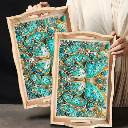DIY Diamond Art Wooden Tray Kit, Food Tray with Handle Diamond Painted Table Decoration, for Breakfast, Bar Dinner Table Dots Gem Painting Art Set for Beginners - Butterfly