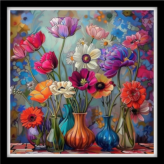 DMCVIVR Stamped Cross Stitch Kits for Beginners Adults Needlepoint Kits for Beginners Embroidery Kits for Adults Crossstitch Kit for Beginners 11CT-Colorful Flower vase 18x18 inchs