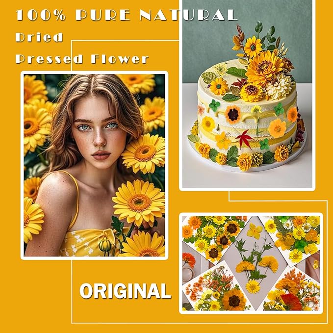 88Pcs Yellow Pressed Dried Flowers for Resin Molds, Real Natural Bulk Dry Floral Leaves for DIY Art Crafts, Epoxy Jewelry, Candle, Soap Making, Nails Decors