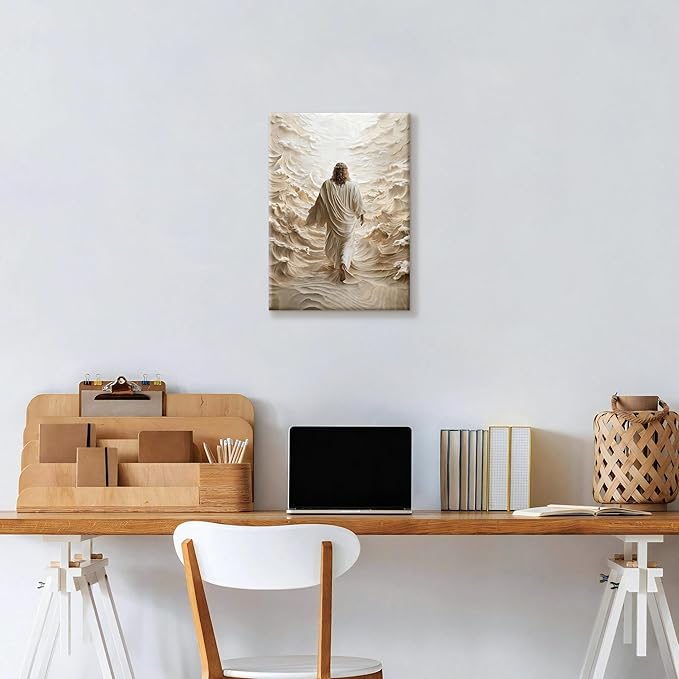 WENGTIAO Jesus Canvas Wall Art Prints Christian Spiritual Wall Painting Jesus Walking on Water Picture Poster Bible Religious Artwork for Bedroom Prayer Room Church Baptism Gifts 12x16 inch