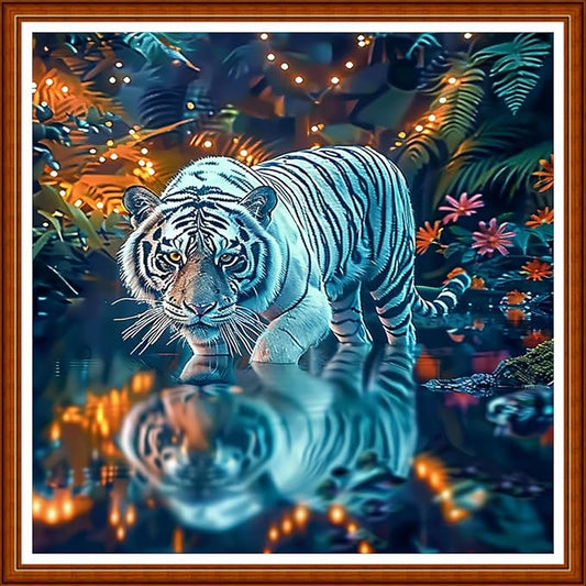 Joyhoor Stamped Cross Stitch Kits for Beginners Needlepoint Kits for Adults Embroidery Kits 11CT Counted Cross Stitch Kits Printed Embroidery Pattern-Forest White Tiger 18x18 inchs