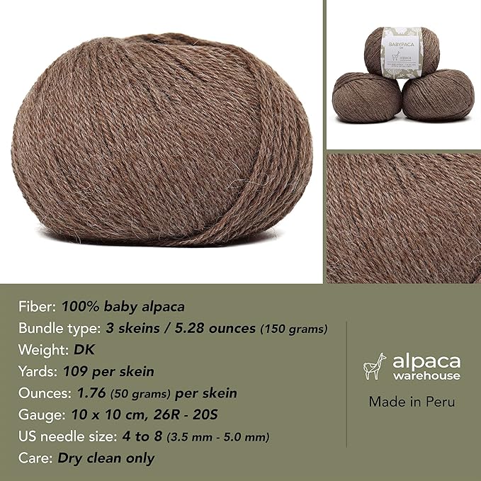 100% Baby Alpaca Yarn Wool Set of 3 Skeins (150 Grams) DK Weight - Made in Peru - Heavenly Soft and Perfect for Knitting and Crocheting (Sand, DK)